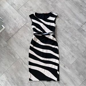M-L MaxMara black white wide striped stretchy midi shift dress flattering sexy